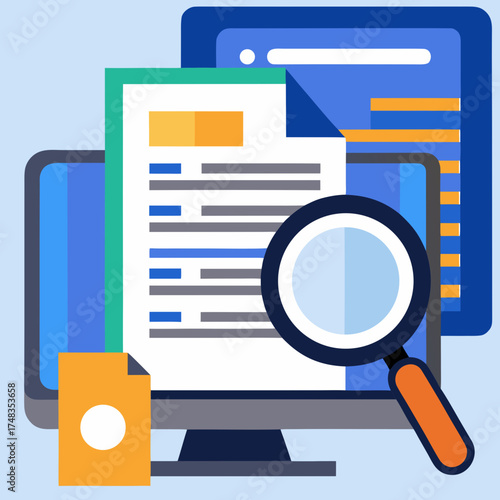 Magnifying glass examining document on computer screen