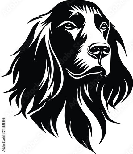 Field Spaniel head silhouette with flowing ears, soulful eyes, and soft coat in black vector