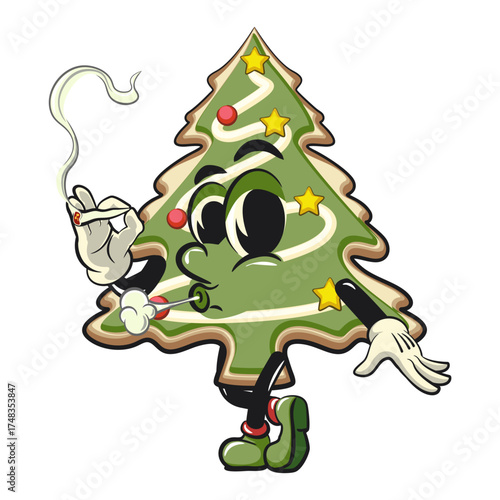 cute christmas tree cookie mascot cartoon character smoke calmly, vector illustration isolated, work of hand drawn