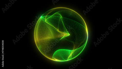 Abstract digital glowing yellow-green neon wavy orb, vibrant energy sphere with glassy surface and dynamic plasma swirl, isolated on black background, luminous futuristic design symbolizing AI core, i