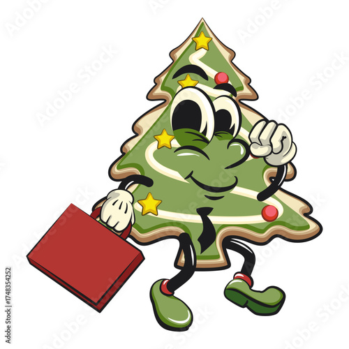 cute christmas tree cookie mascot cartoon character wearing a tie and carrying a suitcase rushing to the office, vector illustration isolated, work of hand drawn