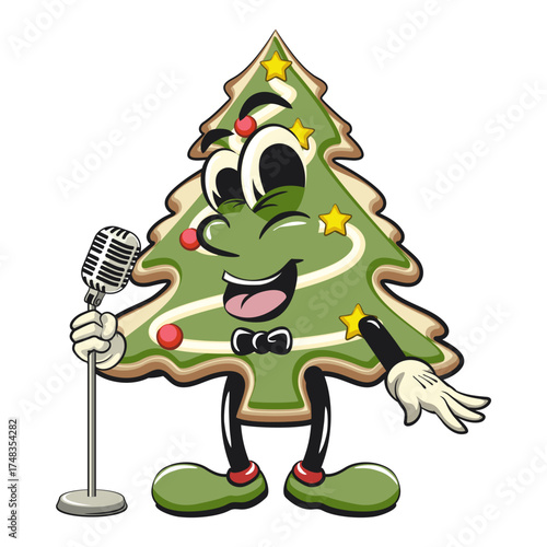 cute christmas tree cookie mascot cartoon character on front of the mic become a stand up comedian, vector illustration isolated, work of hand drawn