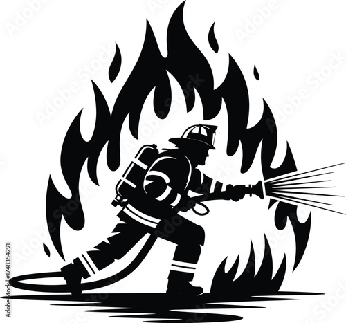 Silhouette of a firefighter battling flames with a hose on a white background fireman