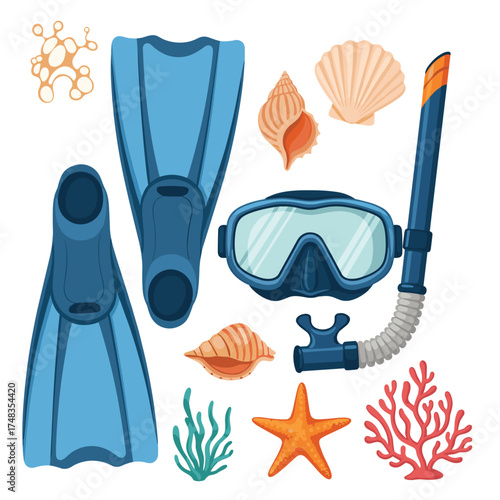 A collection of snorkeling gear and marine life elements.