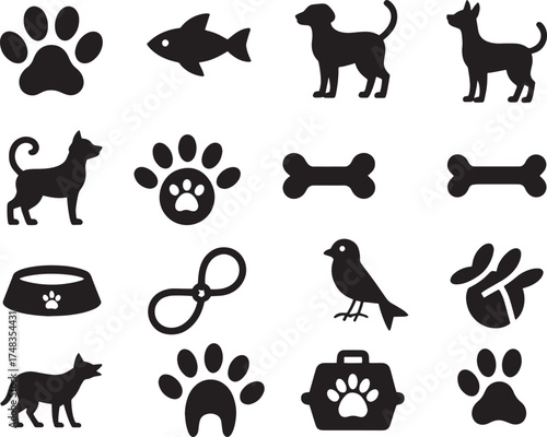 Animal icons including paws bones dogs fish bird leash and carrier print