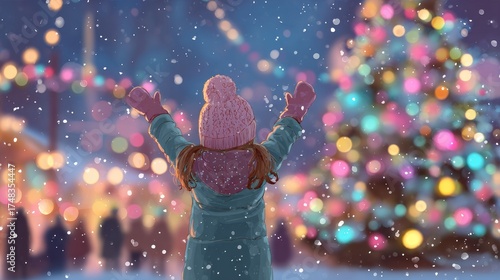cute happy little child with raised arms on christmas market illustration