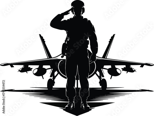 Silhouette of a military pilot saluting in front of a fighter jet Keywords: military, pilot, silhouette, fighter jet, airplane, aircraft, salute, honor, respect, aviation, air