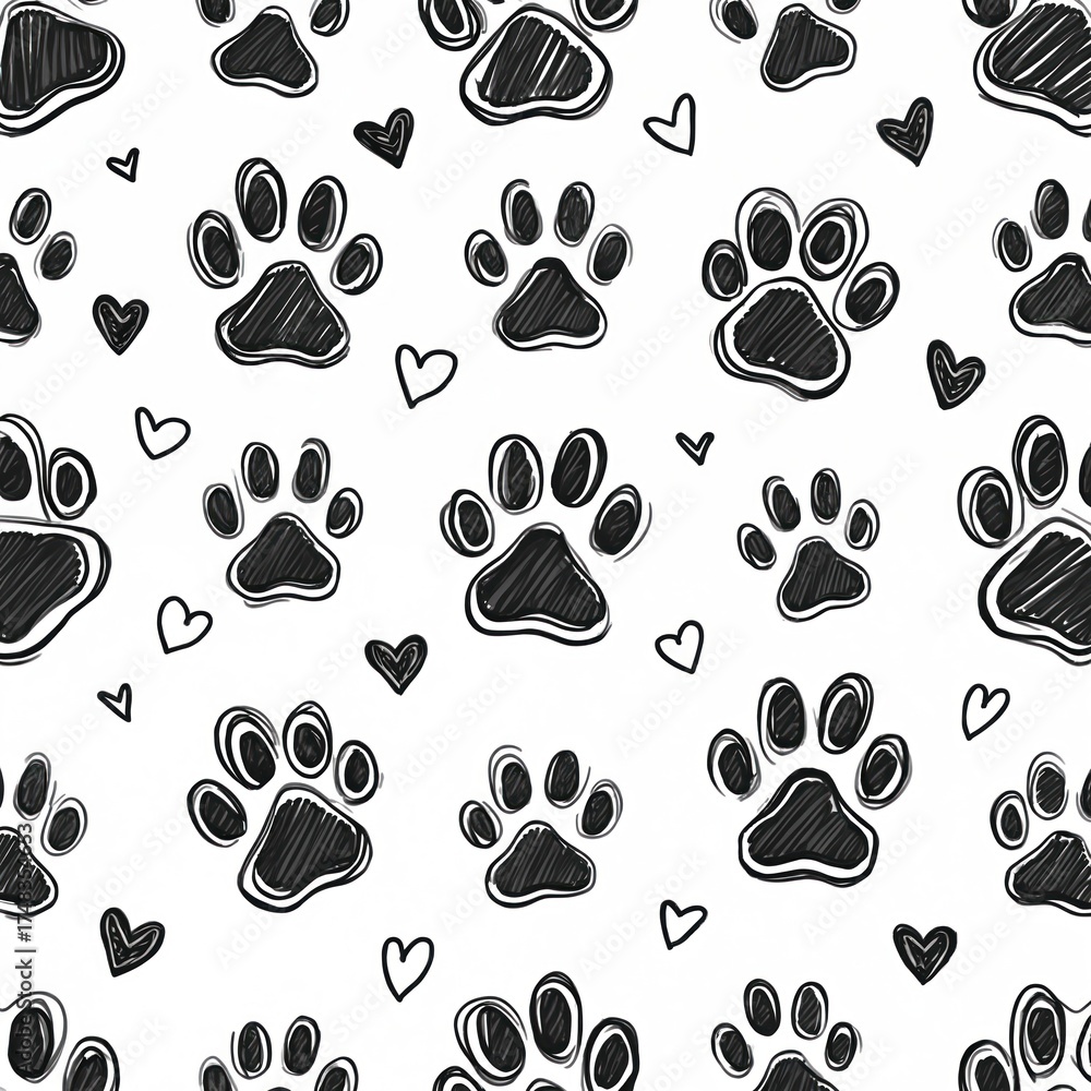 Fototapeta premium Hand drawn dog paw prints and hearts create a playful, cute, seamless pattern on a white background. Black and white sketch style wallpaper design for pets lovers.