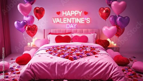 Cozy Bedroom Interior With Happy Valentine's Day Neon Sign And Heart Shaped Confetti Decoration
