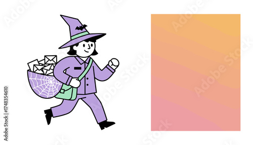 Cheerful witch mail carrier delivering letters with a spiderweb bag Halloween concept
