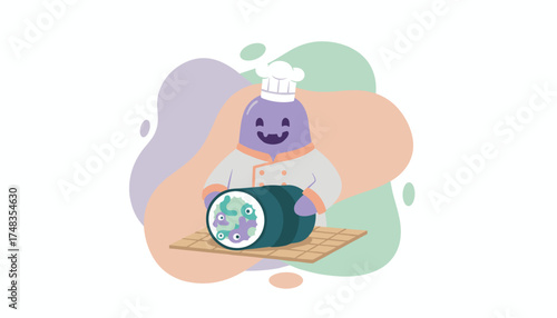 Cute purple chef character happily preparing a sushi roll on a mat Fun food illustration