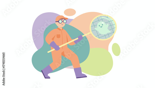 Enthusiastic character in uniform catching a happy ghost with a net fantasy concept