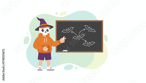 Halloween skull character in witch hat teaching bats on a blackboard Spooky education