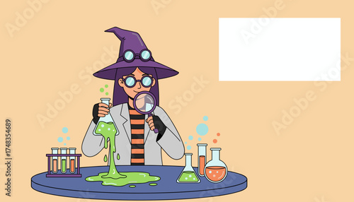 Whimsical witchscientist in lab coat and hat conducting a messy bubbling Halloween experiment