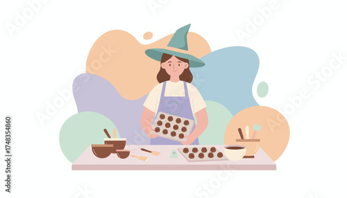 Smiling woman in witch hat baking creative skull cookies for a fun Halloween celebration