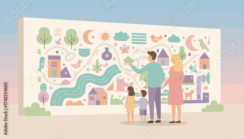 Family gazes at a whimsical illustrated map mural fostering imagination and discovery together