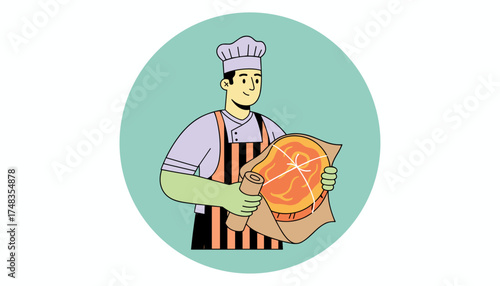 Smiling chef wrapping fresh meat highlighting traditional quality and culinary expertise