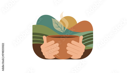 Hands holding a warm steaming cup with a leaf set against a serene natural landscape