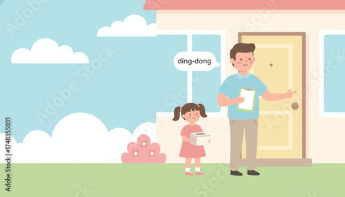 Man and girl doorbell ringing for fundraising or survey showing community interaction