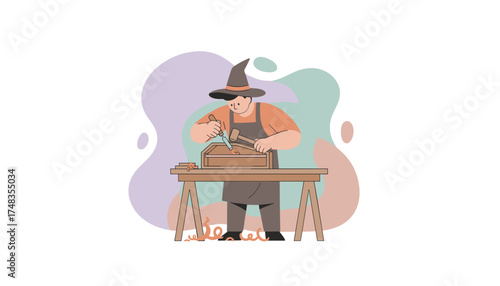 Craftsman in witch hat carving wood at workbench engaged in creative hobby work