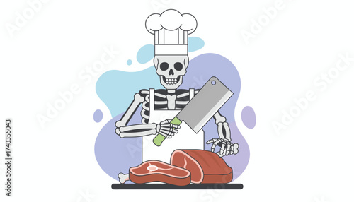 Skeleton chef in apron holds cleaver preparing meat Culinary spooky or Halloween theme