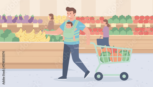 Smiling dad grocery shopping with baby in carrier at supermarket Modern family lifestyle