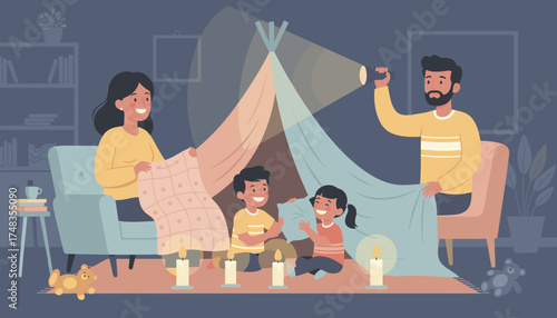 Joyful family playtime in a cozy blanket fort at home during the evening