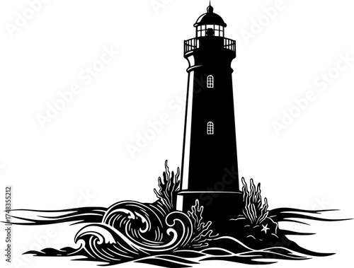 Contemporary Art Nouveau Lighthouse Silhouette with Ornamental Seaweed Vector	