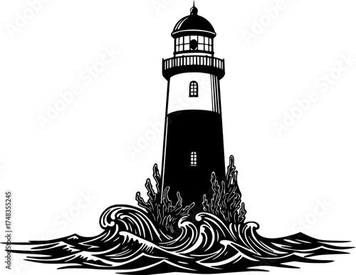 Contemporary Art Nouveau Lighthouse Silhouette with Ornamental Seaweed Vector	