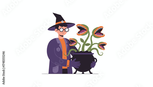 Smiling wizard holds cauldron with fierce carnivorous plants Magic Halloween fantasy illustration