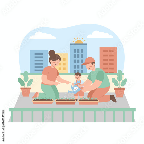 Cheerful family enjoys urban gardening on a rooftop bonding while caring for plants