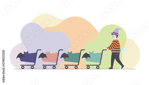 Person in witch hat pushes cart with bats ready for Halloween shopping and celebration