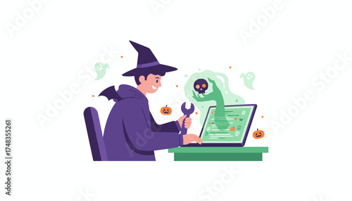 A witch fixes a spooky laptop with a wrench dealing with ghostly tech issues for Halloween