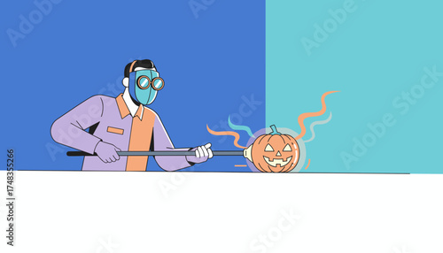 Artisan crafting a glowing Halloween jackolantern with specialized tools Creative spooky season concept