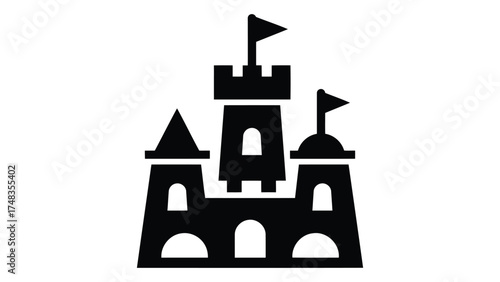 Hand drawn doodles black icon of a castle with flags isolated on white background