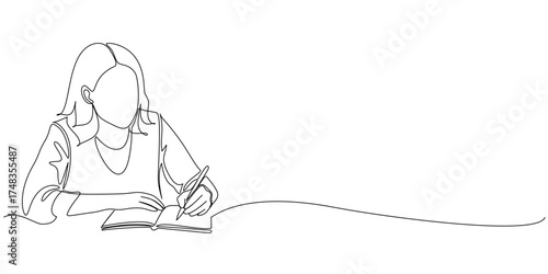 Continuous line drawing of a woman writing a document. Vector eps	