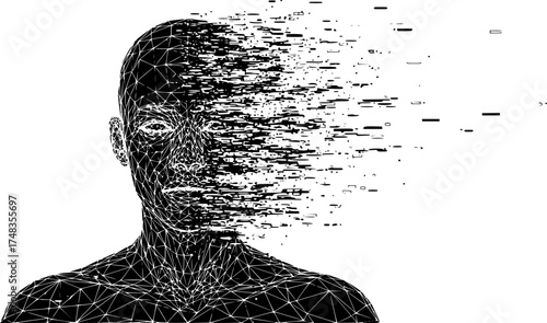 Futuristic AI Digital Avatar Dissolving Wireframe Silhouette Vector	