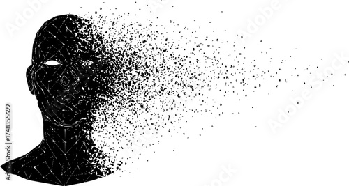 Futuristic AI Digital Avatar Dissolving Wireframe Silhouette Vector	