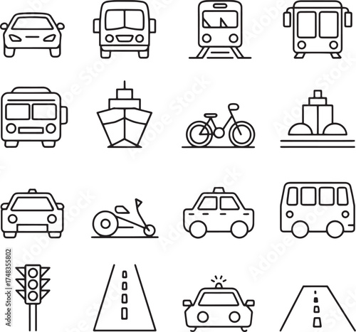 Collection of transportation icons including cars buses trains and bicycles taxi