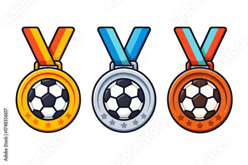 ポップでカラフルなサッカーメダルのイラスト（金・銀・銅）／学校行事・キッズスポーツ向け Colorful and Pop Soccer Medal Illustration (Gold, Silver, Bronze) for Kids Sports and School Event