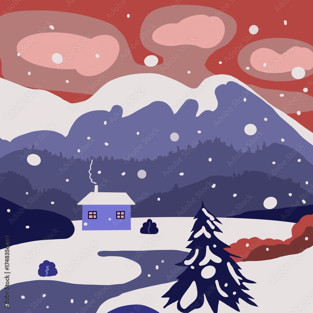 Fototapeta premium Minimalist winter landscape illustration with snowy mountains, a small cozy cabin, tree, and falling snow. The scene features a warm, colorful sky in shades of red and pink, creating a peaceful winter