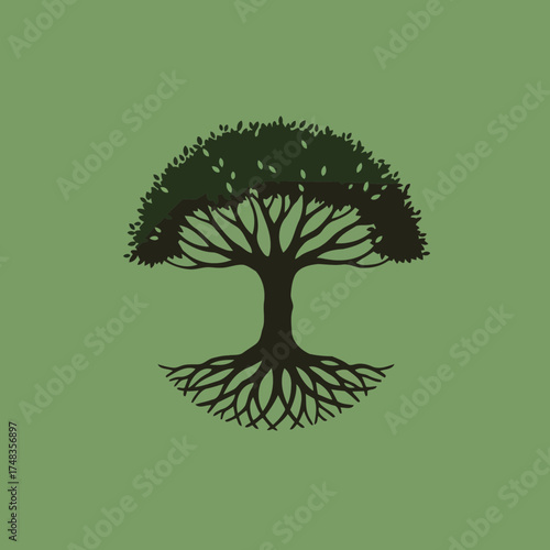 Stylized Tree with Exposed Roots Vector Illustration in Dark Green on Olive Background