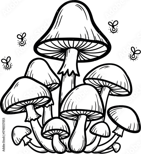 Vector art of a cluster of various mushrooms with small flies around them