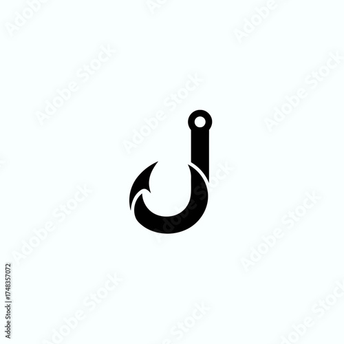 Sleek Minimalist Black Fishing Hook Icon Vector Illustration on White Background