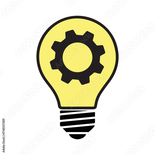Creative yellow light bulb icon with gear symbol, representing innovation, ideas, engineering, and technology concepts. Simple, modern, and minimal design for digital and print projects.