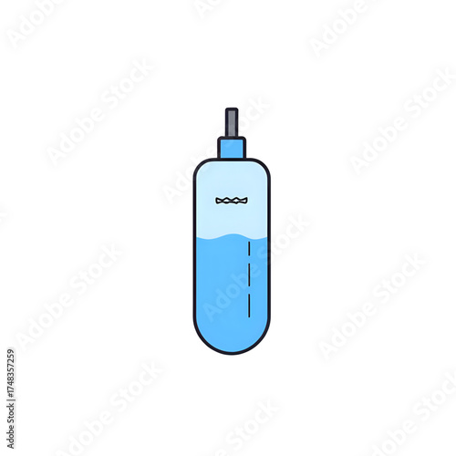 Flat illustration of a blue liquid dispensing bottle with a nozzle, isolated on a white background
