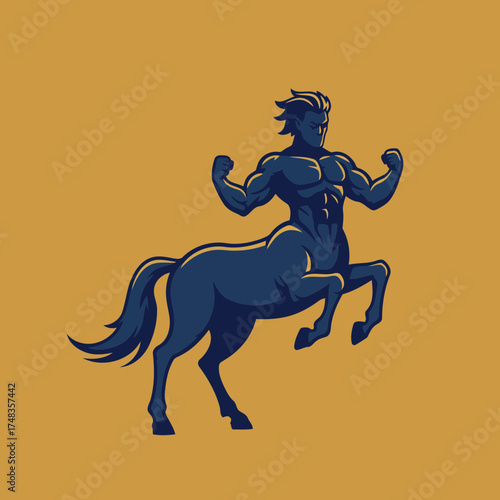 Dynamic Muscular Centaur Rearing Up Vector Illustration with Flexed Biceps on an Ochre Background
