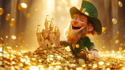 Happy Leprechaun guarding a golden castle and coins