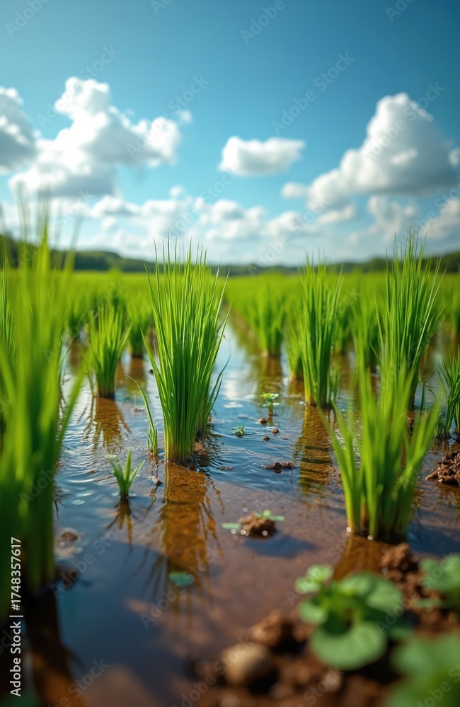 Fototapeta premium Green rice sprouts grow in flooded field under sunny blue sky with clouds. Water reflects light and plants, showing rural farm landscape, natural growth and wet soil.