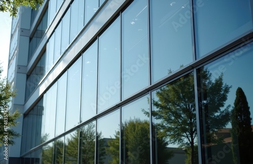 Modern building facade with glass windows reflects trees. Facade construction tinted glass to filter sun. Sunlight reflects urban architecture. Green trees near office building exterior creating eco